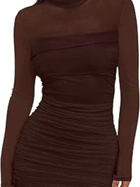 WIHOLL Women's Mesh Sheer Long Sleeve Mini Dress bodycon sexy dress brown